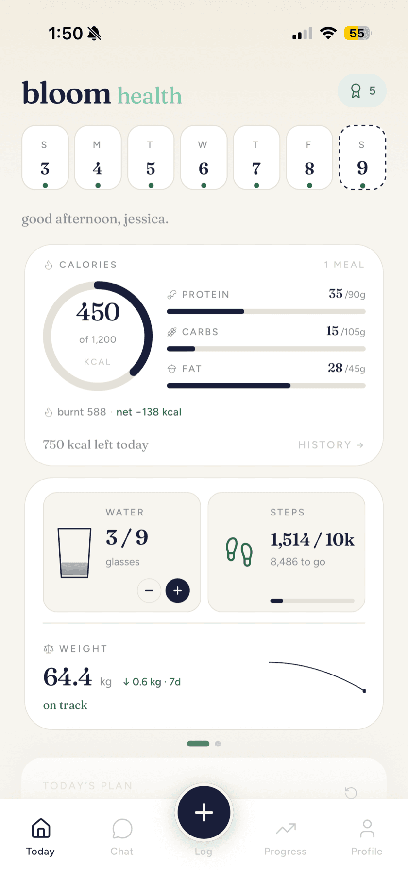 bloom health home — today's calories, macros and readiness